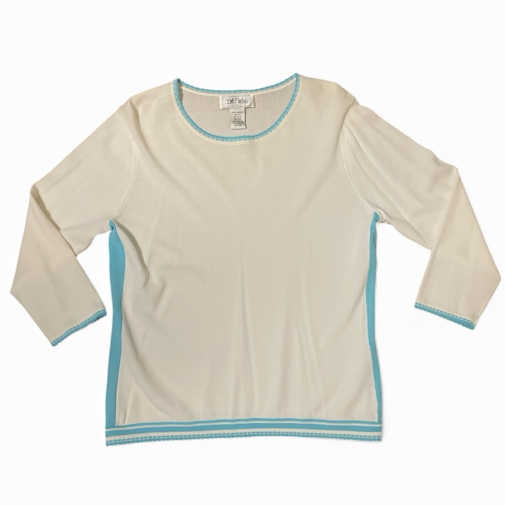 Bob Mackie Studio Sweater Women Petite Medium White Blue Scalloped Trim Vintage